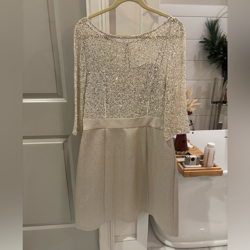 Kay Unger Silver Sequin Long Sleeve Dress